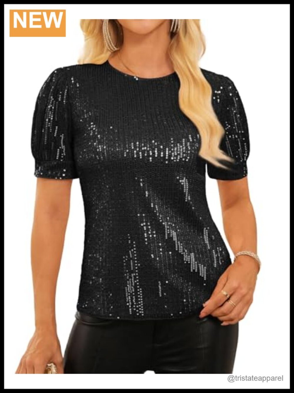 Women's Sequin Sparkle Blouse Scoop Neck Lantern Short Sleeve Party Top